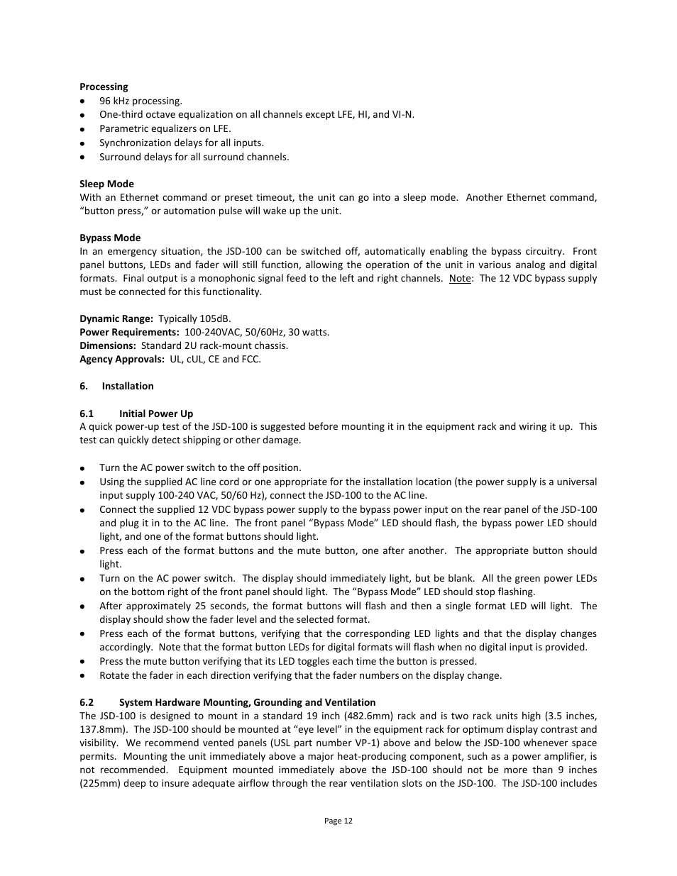 Installation, Initial power up | USL JSD-100 Manual User Manual | Page 13 / 46