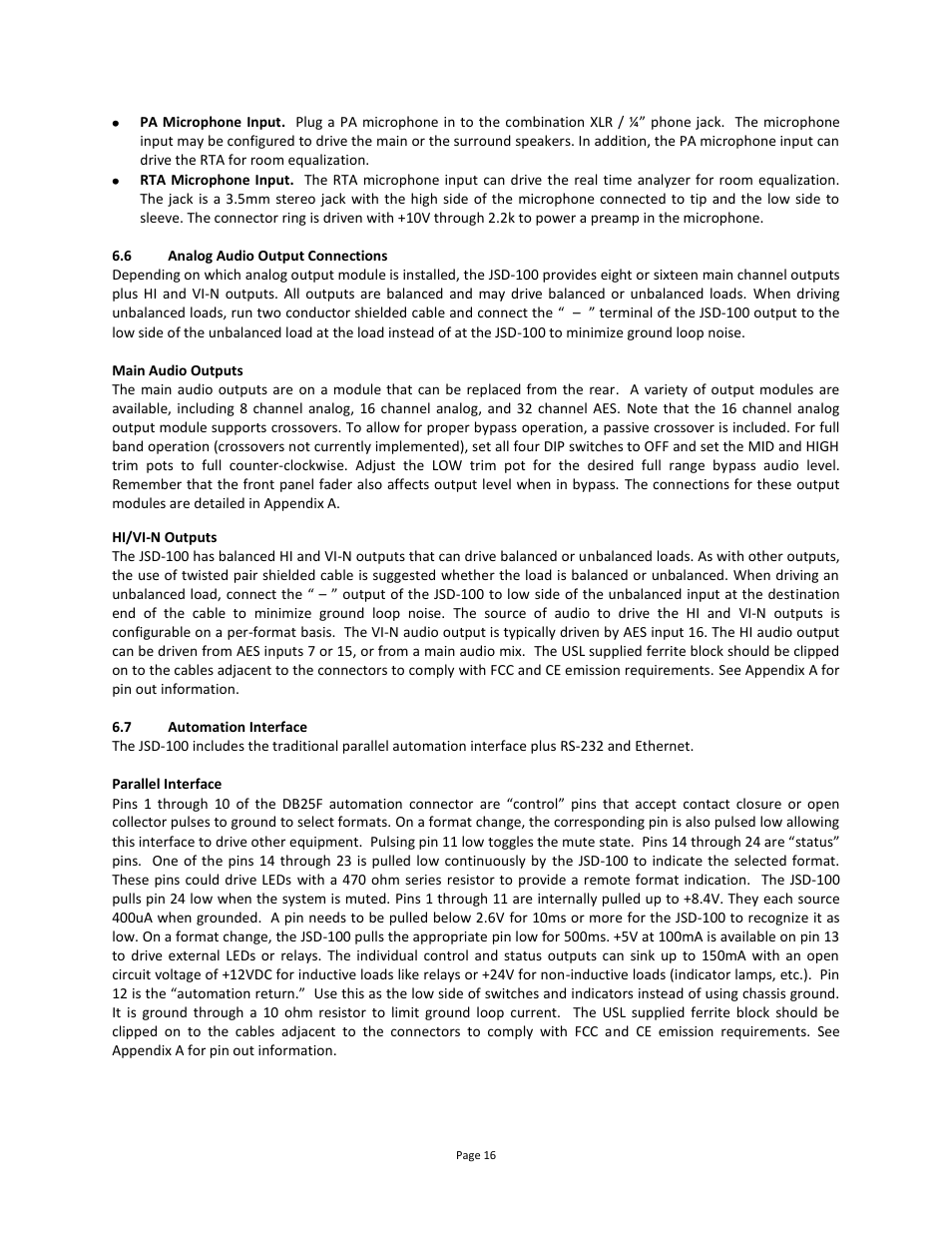Analog audio output connections, Automation interface | USL JSD-100 Manual User Manual | Page 17 / 46