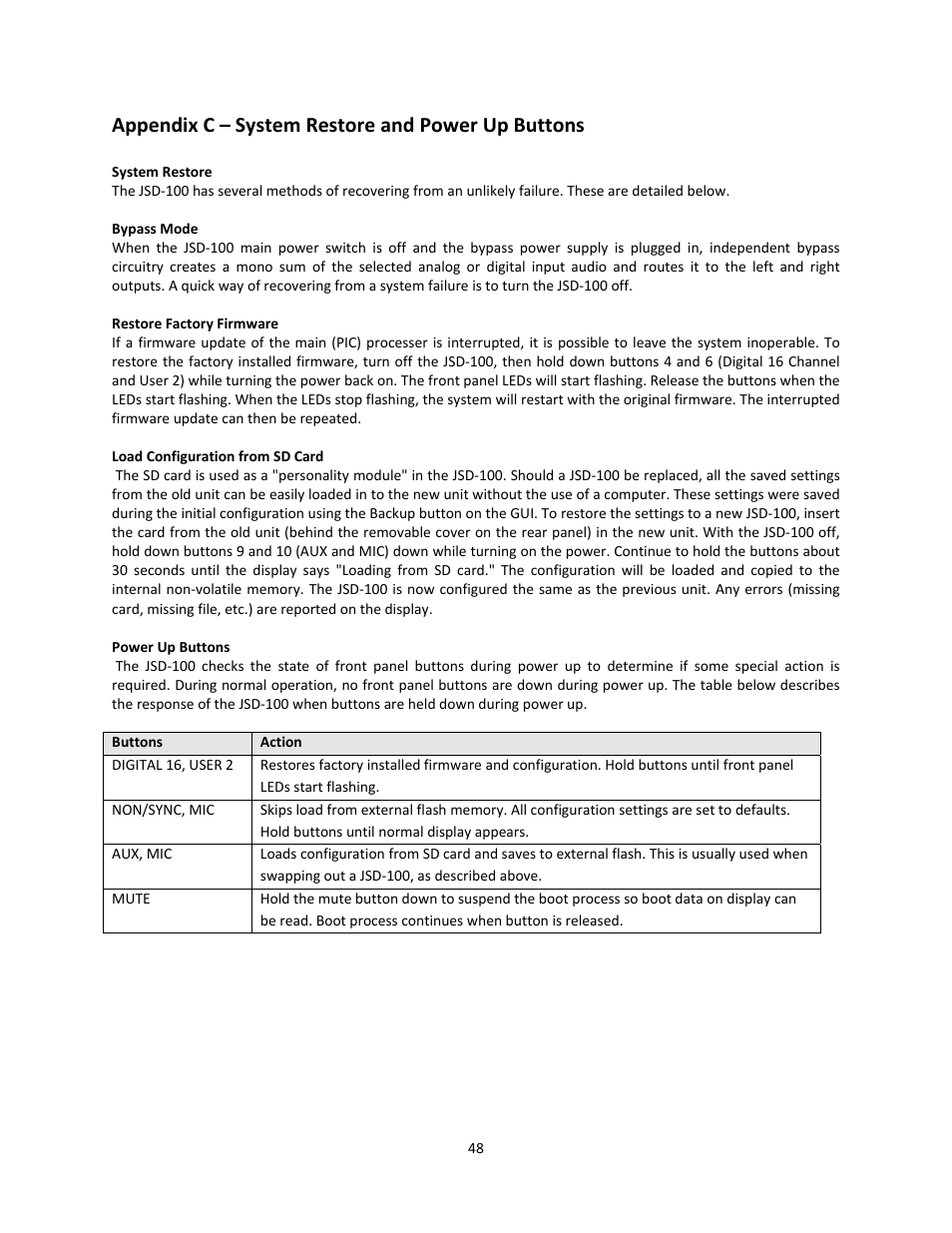 Appendix c – system restore and power up buttons | USL JSD-100 Manual User Manual | Page 48 / 50