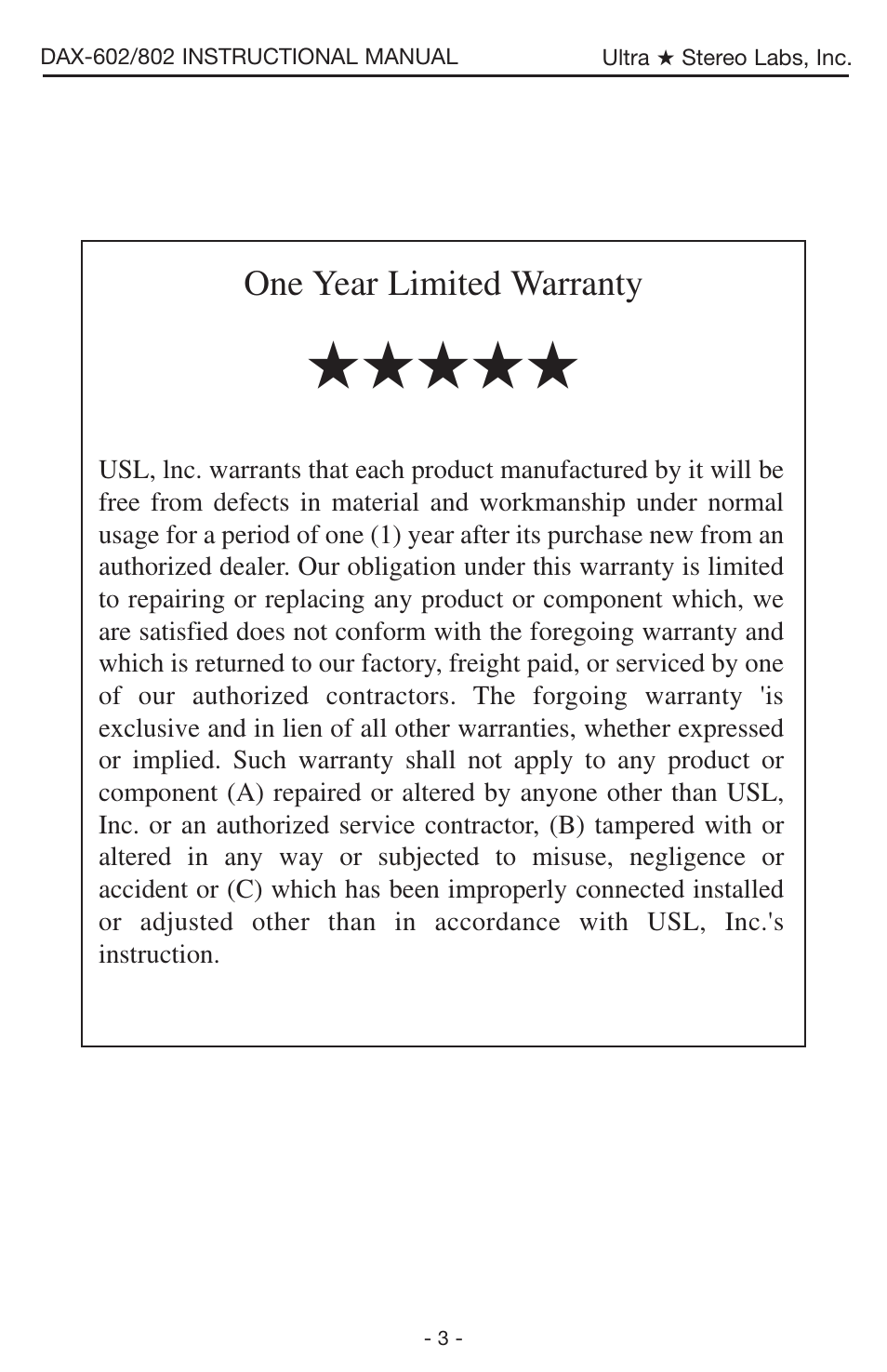 One year limited warranty | USL DAX-602 User Manual | Page 3 / 14