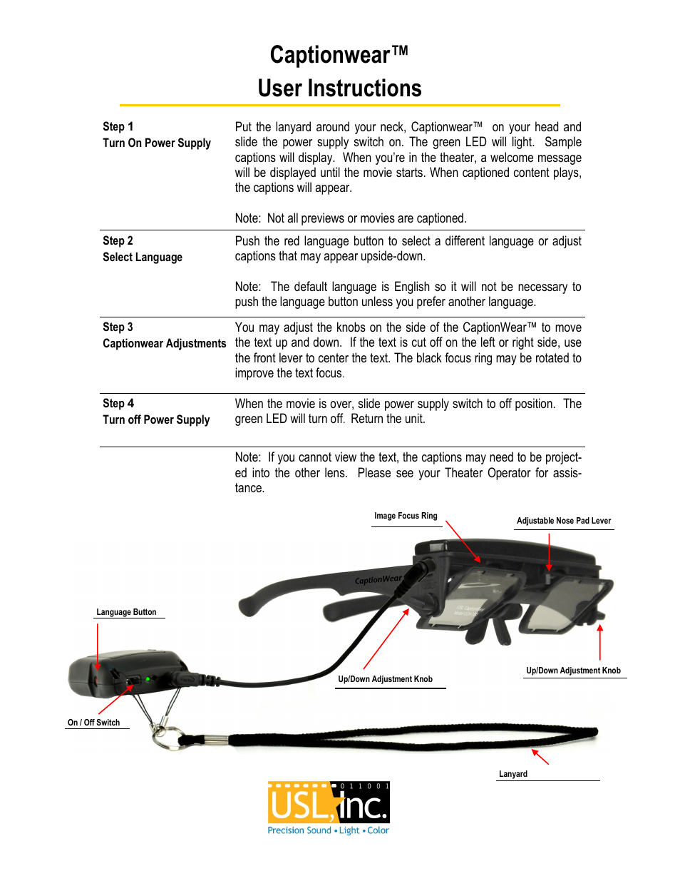 USL Captionwear User Manual | 1 page