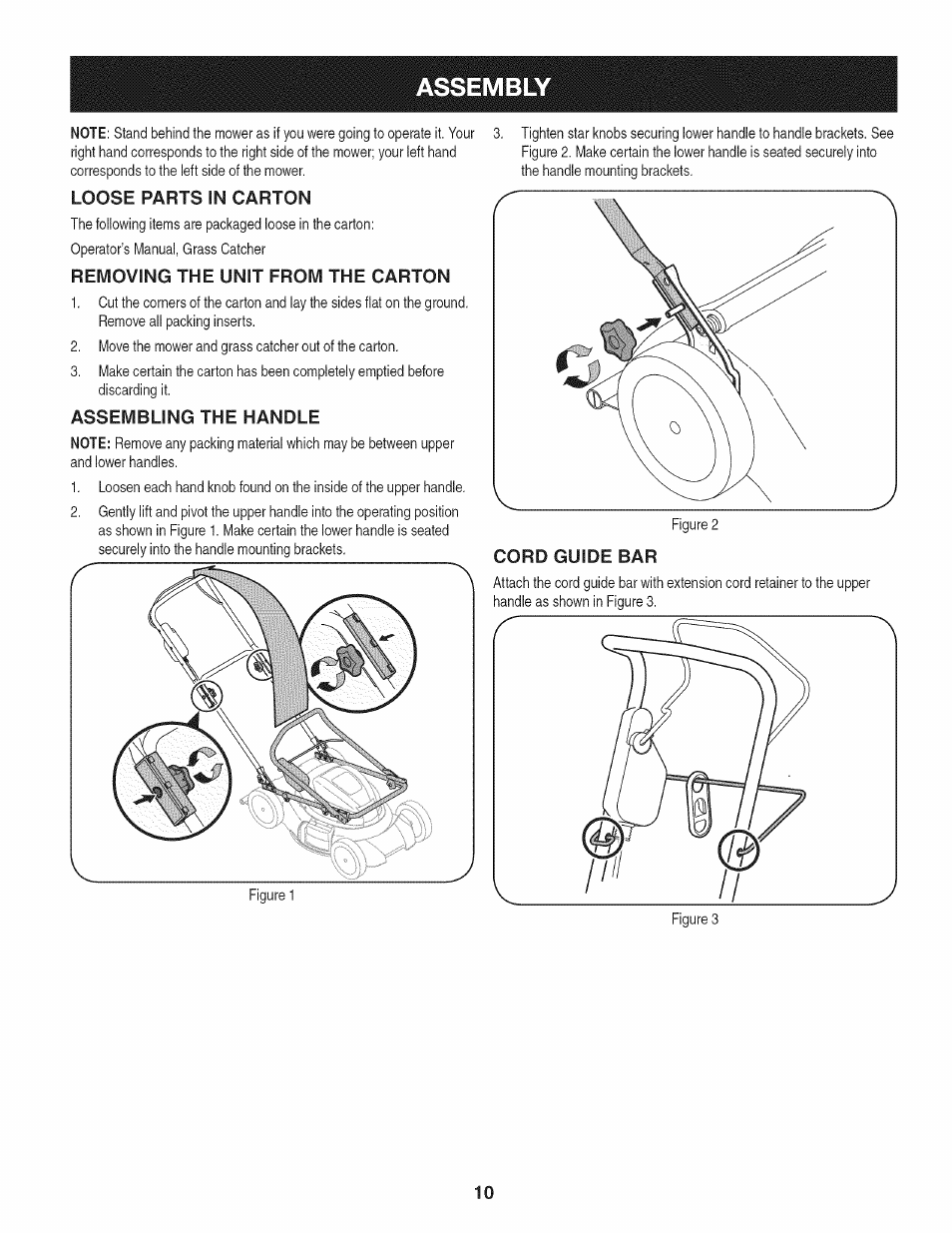 Loose parts in carton, Removing the unit from the carton, Assembling the handle | Assembly | Craftsman 247.370160 User Manual | Page 10 / 44