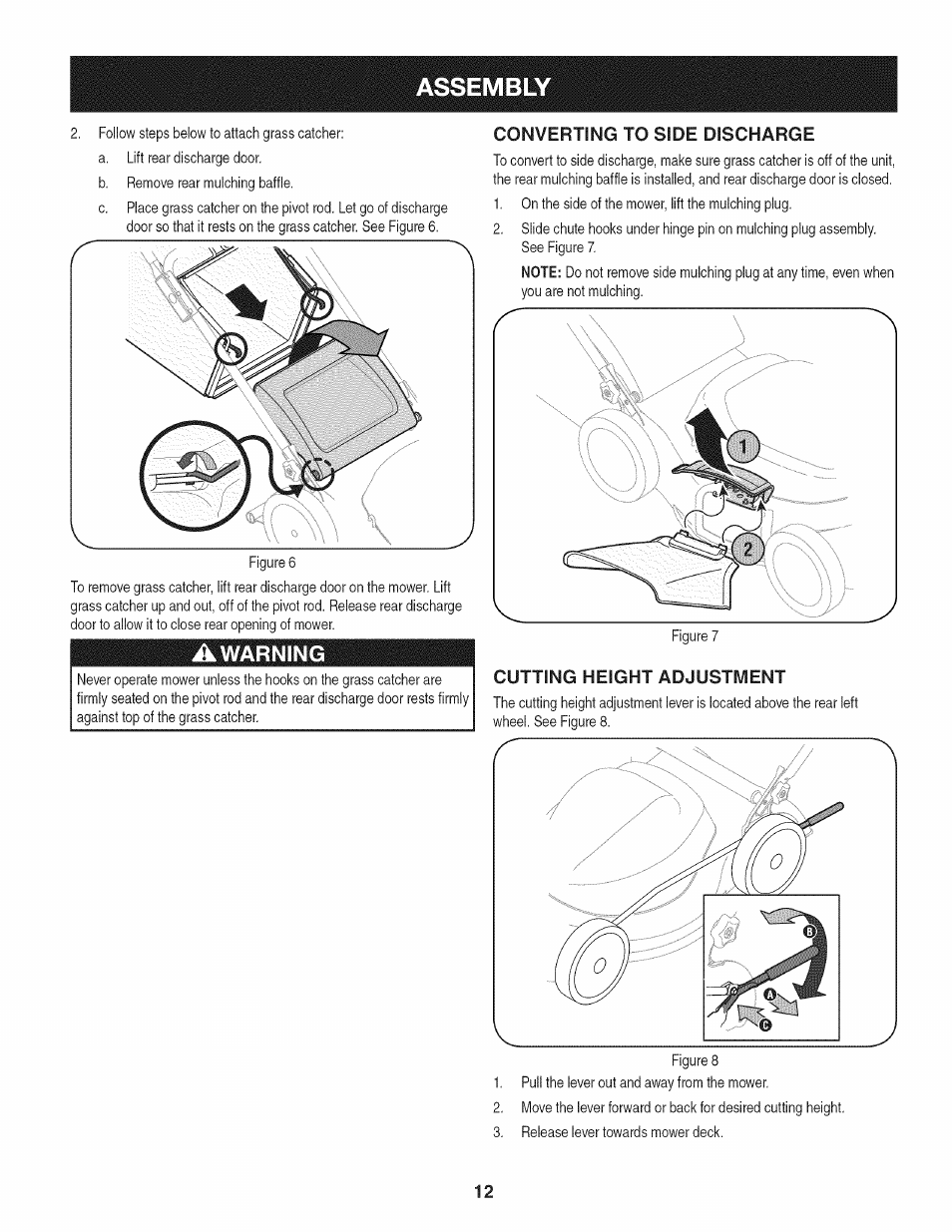 Converting to side discharge, Cutting height adjustment, Assembly | Craftsman 247.370160 User Manual | Page 12 / 44