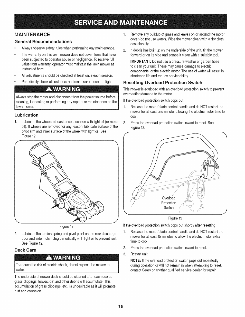 Maintenance general recommendations, Lubrication, Resetting overload protection switch | Deck care, Awarning, Service and maintenance | Craftsman 247.370160 User Manual | Page 15 / 44