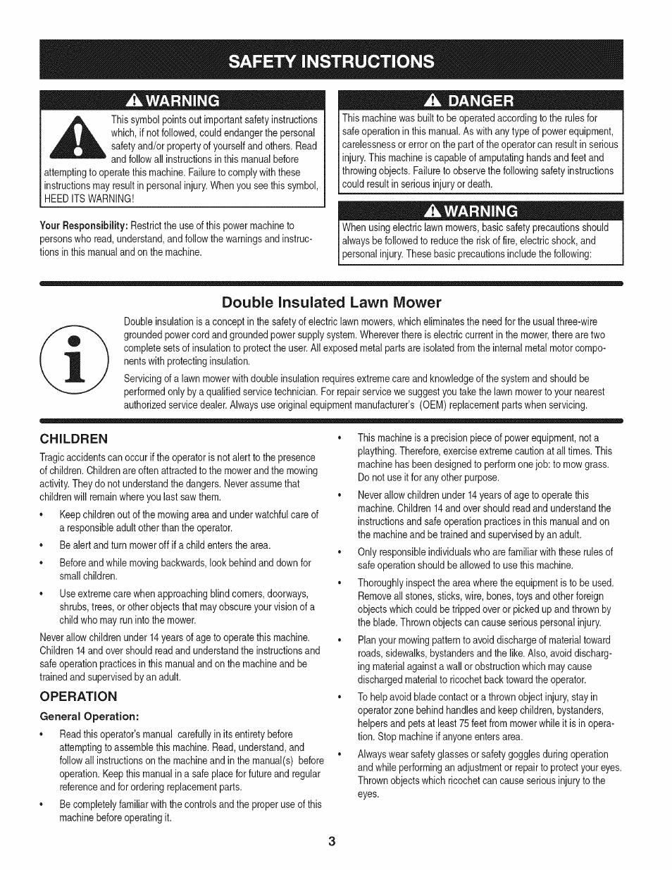 Awarning, Double insulated lawn mower, Children | Operation, Safety instruction | Craftsman 247.370160 User Manual | Page 3 / 44