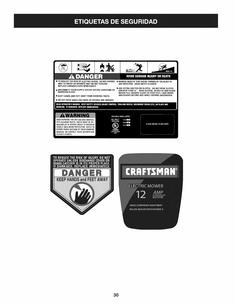 Adanger, Etiquetas de segurida | Craftsman 247.370160 User Manual | Page 30 / 44