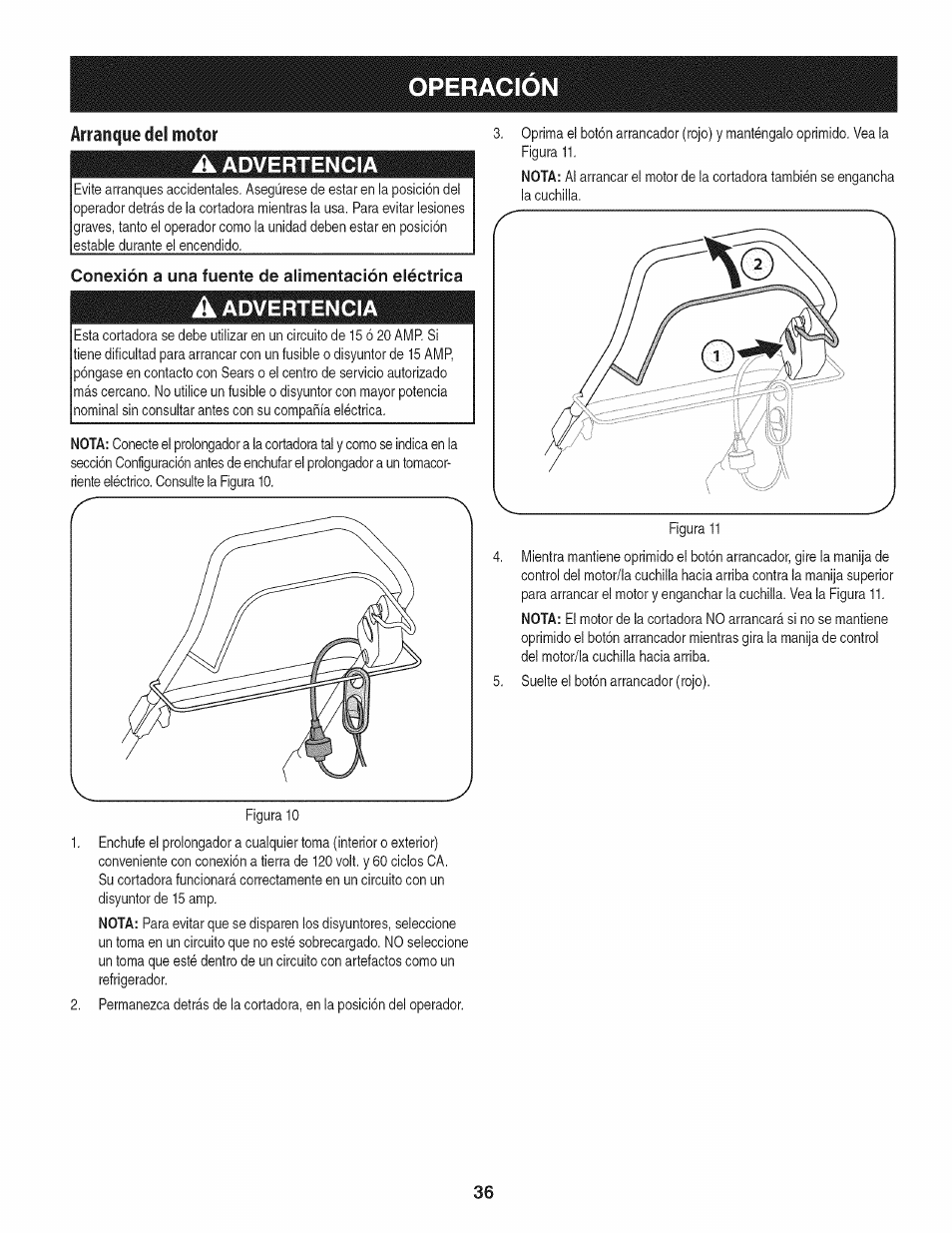 A advertencia, Conexión a una fuente de alimentación eléctrica, Operacion | Advertencia | Craftsman 247.370160 User Manual | Page 36 / 44