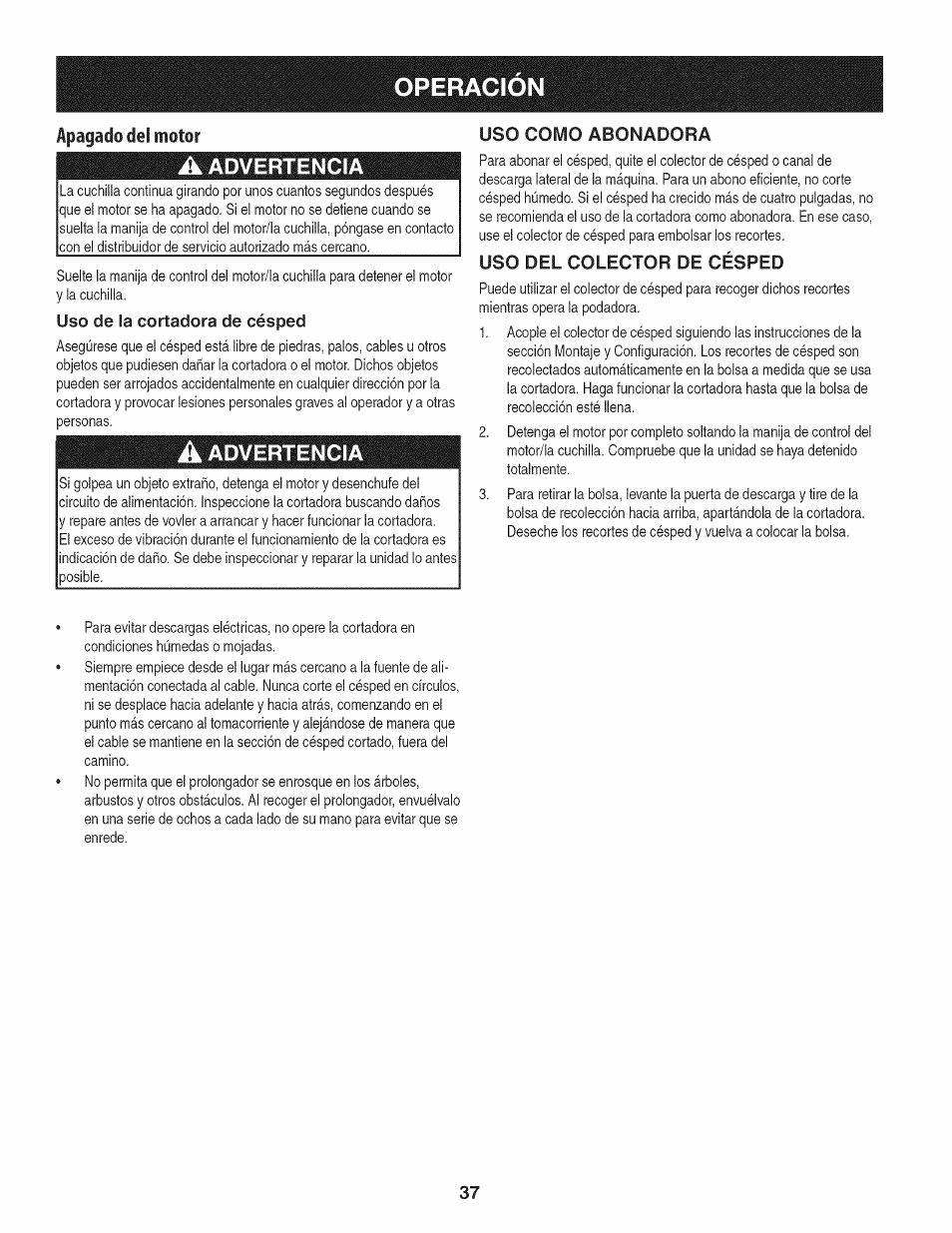 A advertencia, Uso de la cortadora de césped, Uso como abonadora | Uso del colector de césped, Operacion, Advertencia | Craftsman 247.370160 User Manual | Page 37 / 44