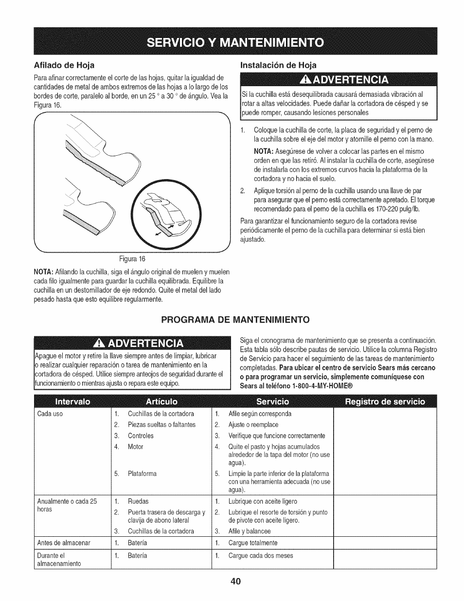 Afilado de hoja, Instalación de hoja, Aadvertencia | Programa de mantenimiento, Servicio y mantenimient, A advertencia | Craftsman 247.370160 User Manual | Page 40 / 44