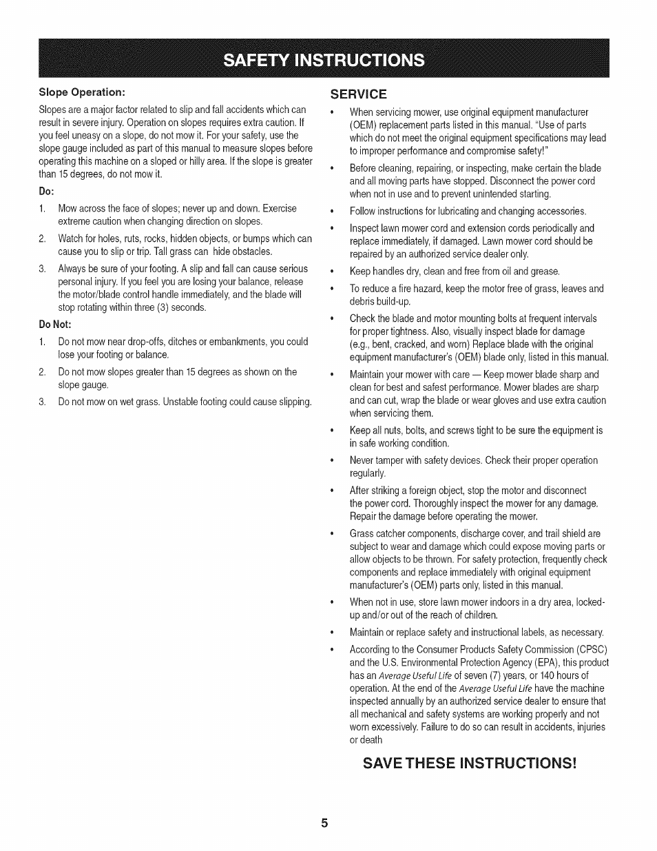 Service, Save these instructions, Safety instruction | Craftsman 247.370160 User Manual | Page 5 / 44
