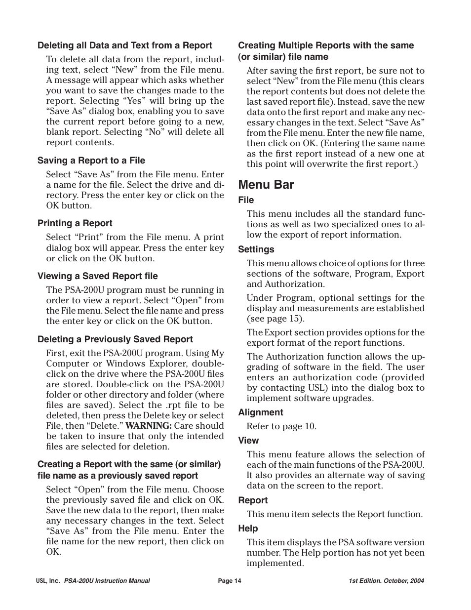 Menu bar | USL PSA-200U User Manual | Page 14 / 20