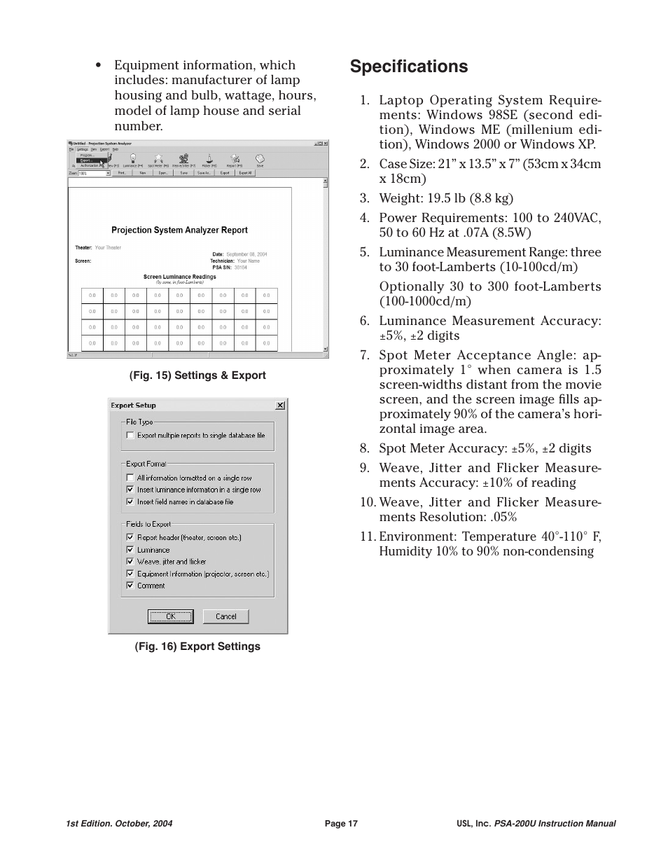 Speciﬁcations | USL PSA-200U User Manual | Page 17 / 20