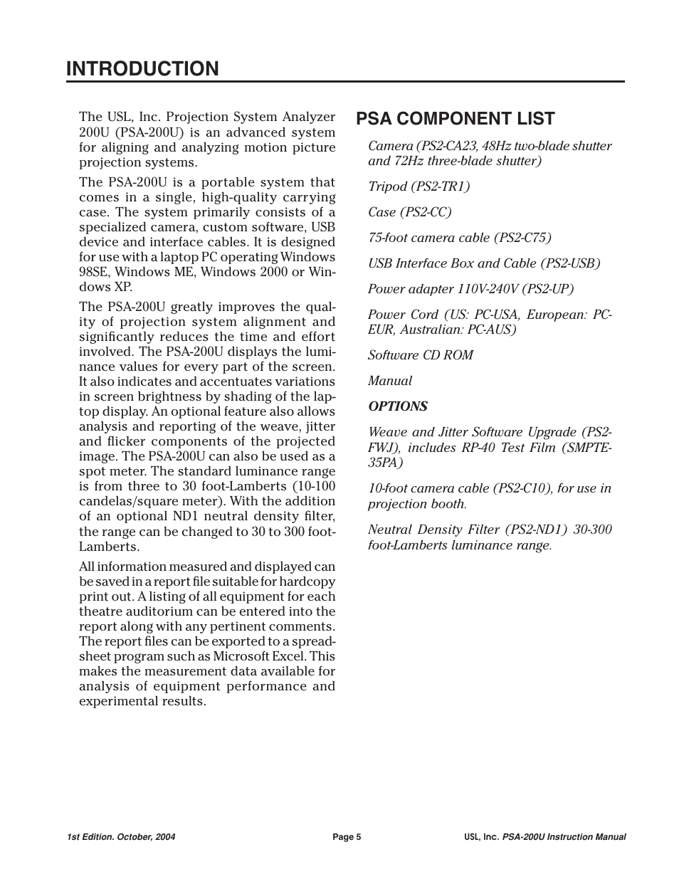 Introduction, Psa component list | USL PSA-200U User Manual | Page 5 / 20