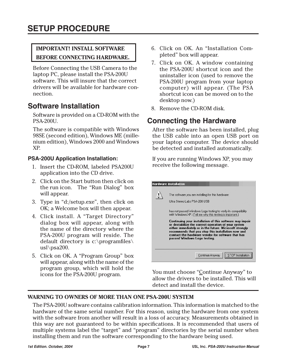 Setup procedure, Software installation, Connecting the hardware | USL PSA-200U User Manual | Page 7 / 20