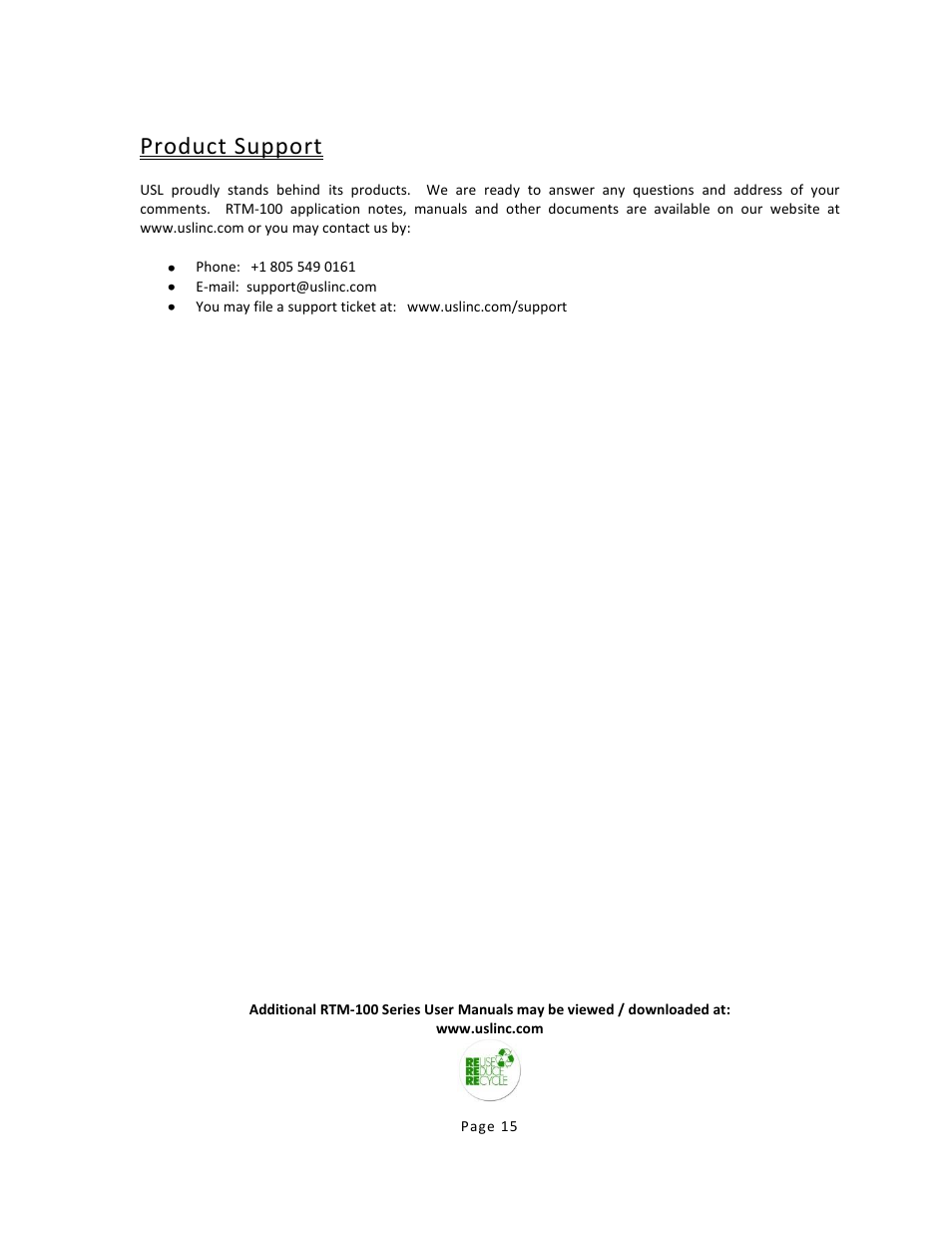 Product support | USL RTM-100 User Manual | Page 15 / 15