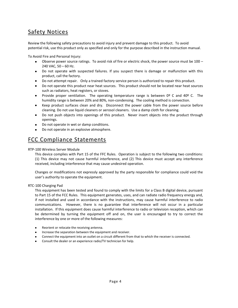 Safety notices, Fcc compliance statements | USL RTM-100 User Manual | Page 4 / 15