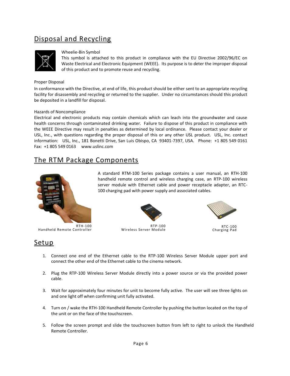 Disposal and recycling, The rtm package components, Setup | USL RTM-100 User Manual | Page 6 / 15