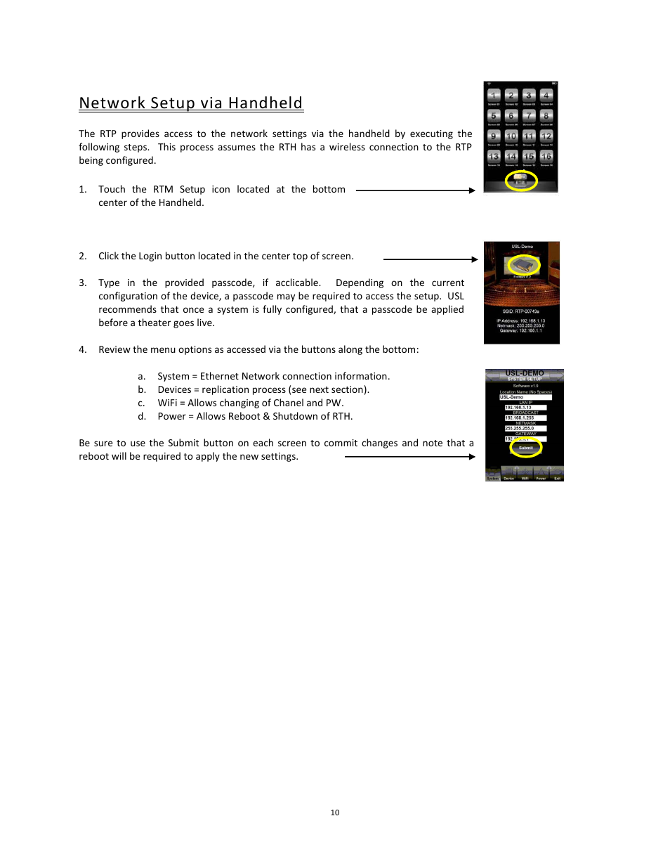 Network setup via handheld | USL RTP-100 User Manual | Page 10 / 13