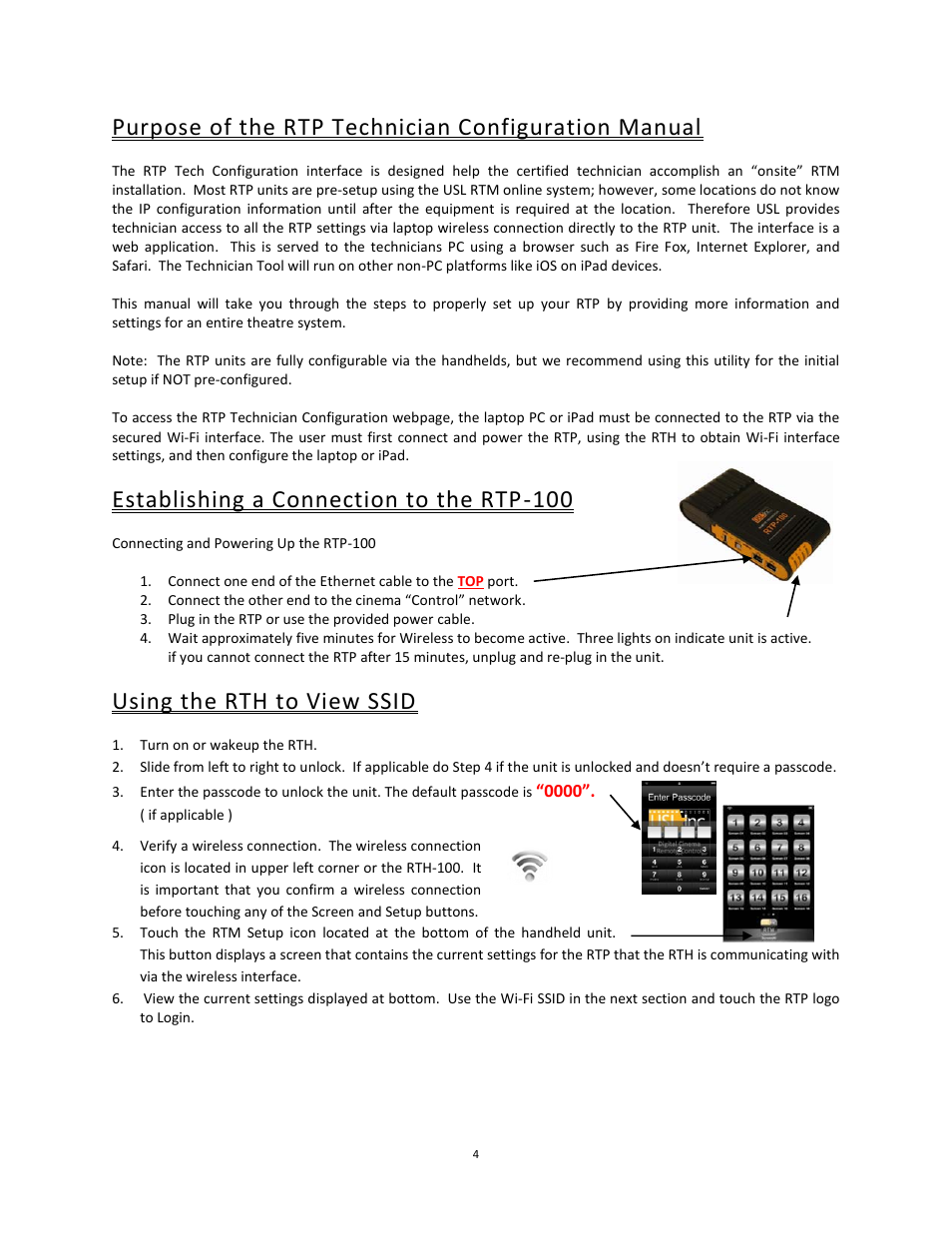 Purpose of the rtp technician configuration manual, Establishing a connection to the rtp-100, Using the rth to view ssid | USL RTP-100 User Manual | Page 4 / 13