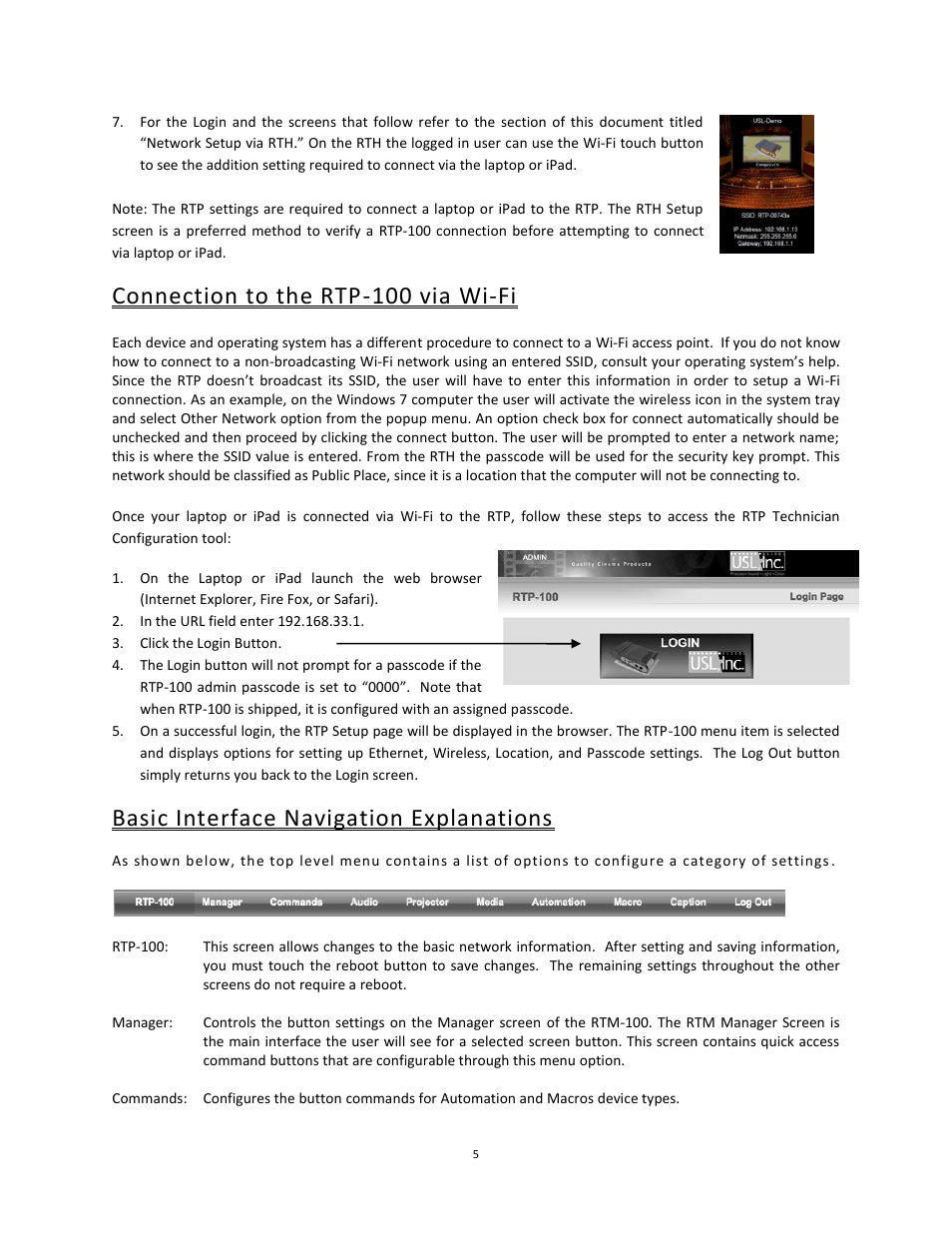 Connection to the rtp-100 via wifi, Basic interface navigation explanations, Connection to the rtp-100 via wi-fi | USL RTP-100 User Manual | Page 5 / 13