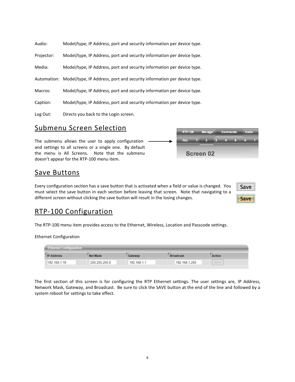 Submenu screen selection, Save buttons, Rtp-100 screen network configurations | Rtp-100 configuration | USL RTP-100 User Manual | Page 6 / 13