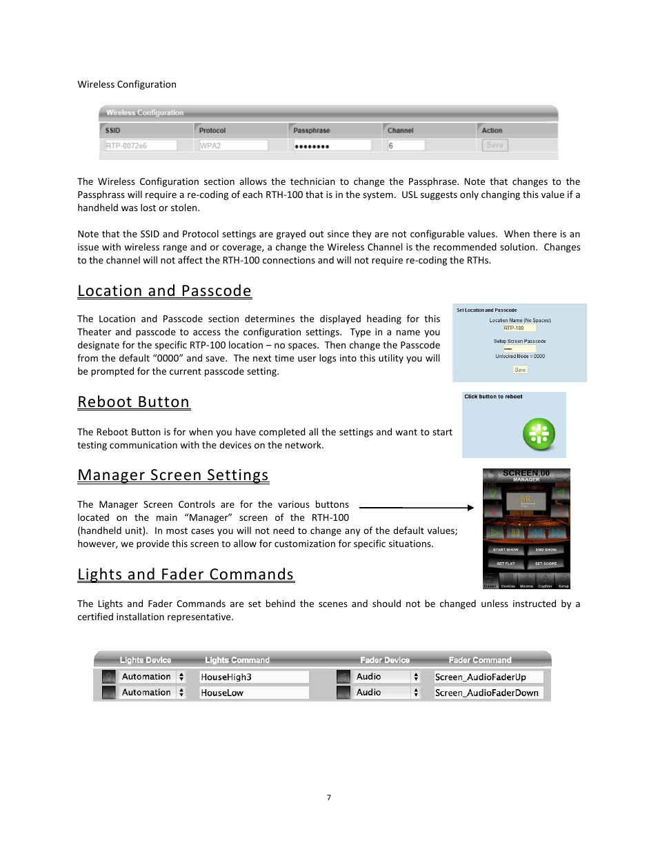 Location and passcode, Reboot button, Manager screen settings | Lights and fader commands, Media commands | USL RTP-100 User Manual | Page 7 / 13