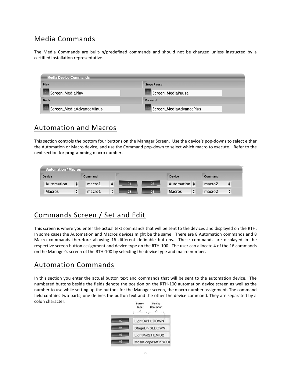 Automation and macros, Commands screen / set and edit, Automation commands | Media commands | USL RTP-100 User Manual | Page 8 / 13