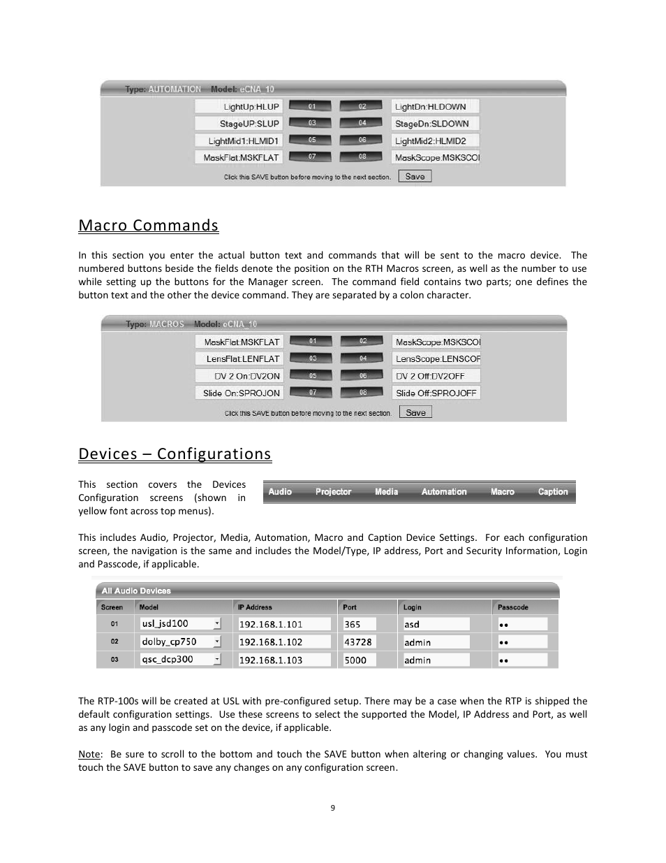 Macro commands, Devices – configurations | USL RTP-100 User Manual | Page 9 / 13