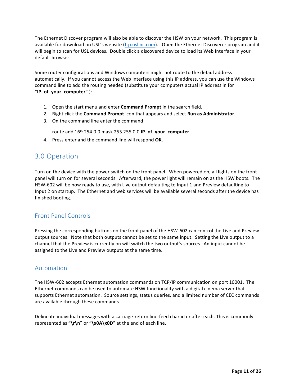 0 operation, Front panel controls, Automation | USL HSW-602 User Manual | Page 11 / 26