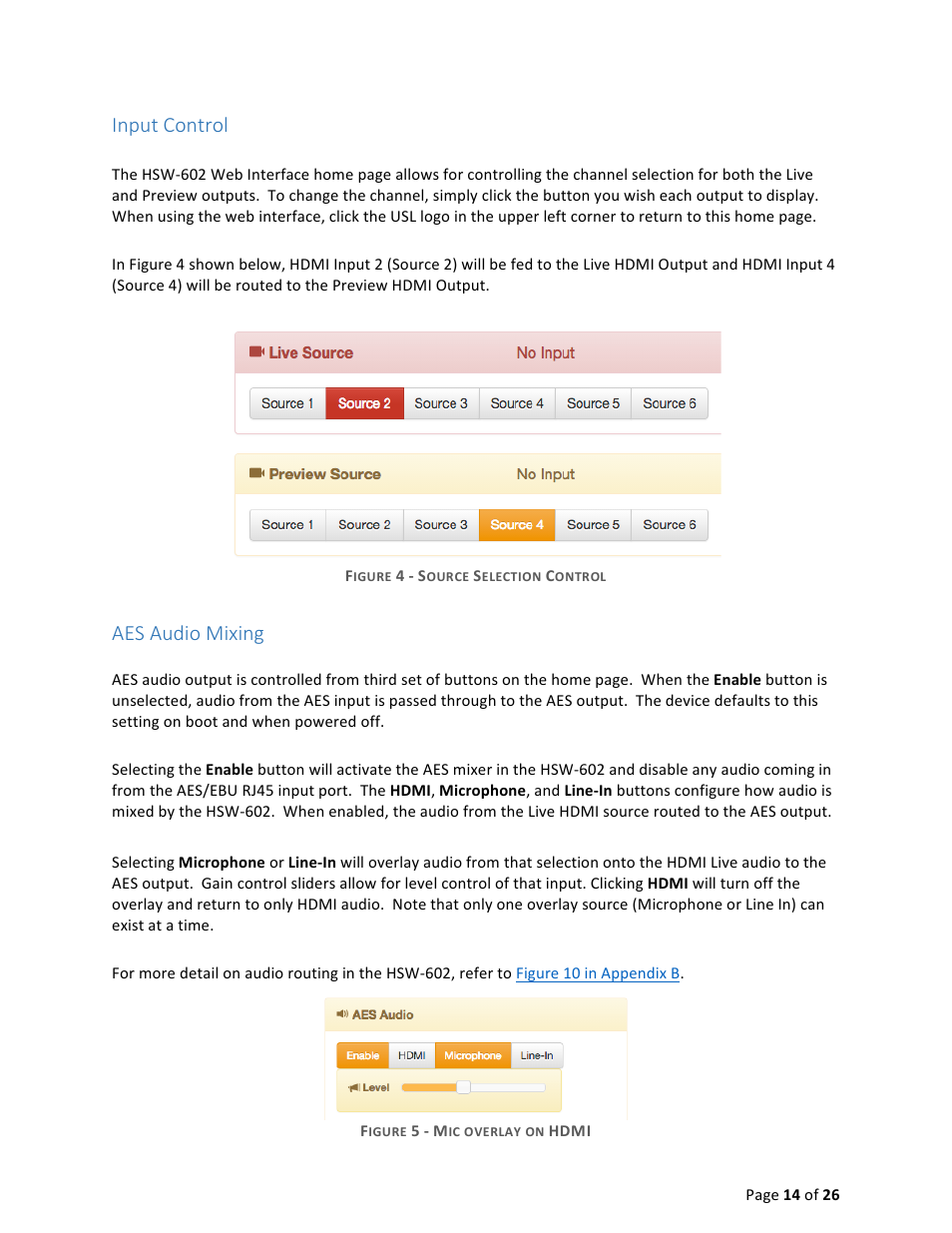 Input control, Aes audio mixing | USL HSW-602 User Manual | Page 14 / 26