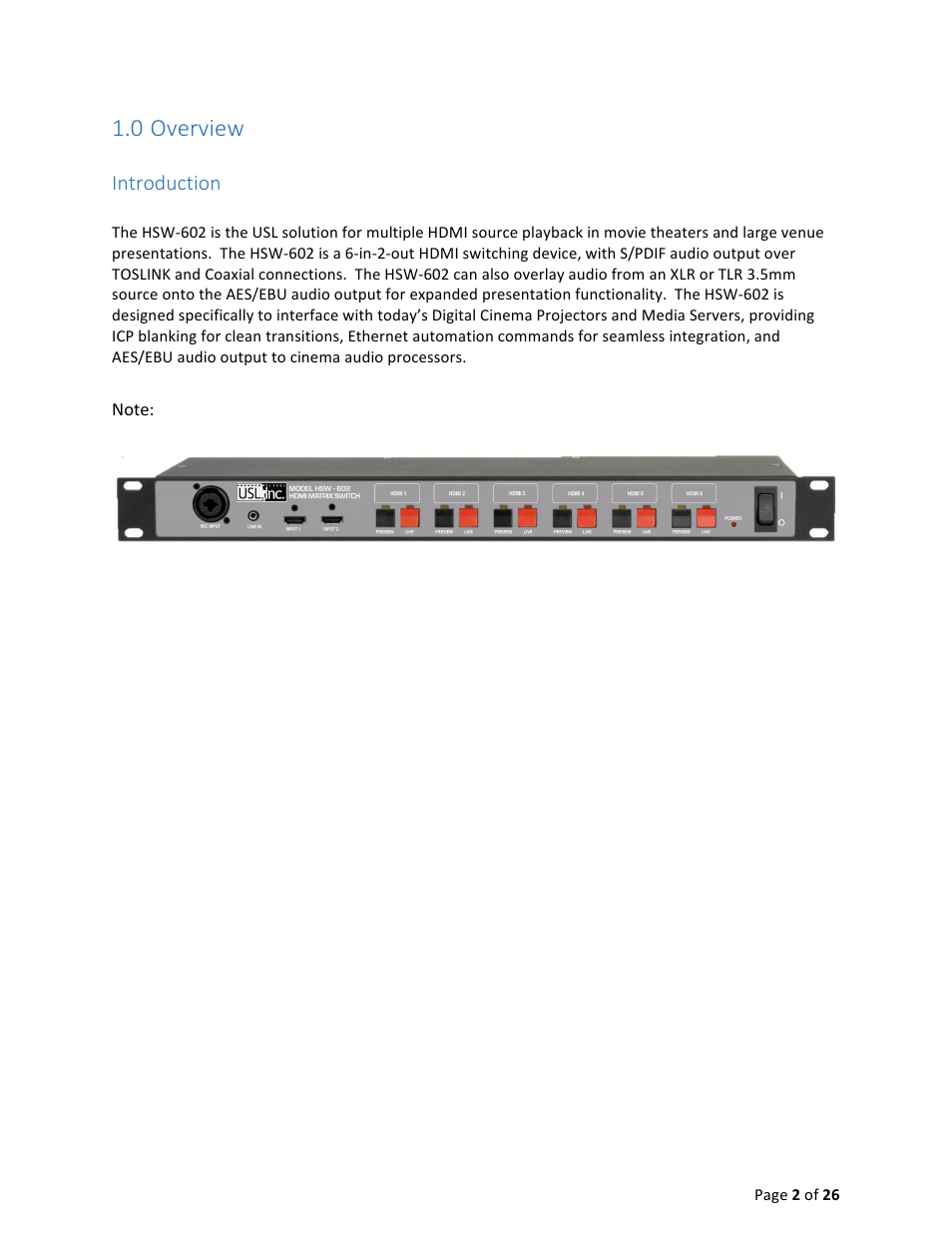 0 overview, Introduction | USL HSW-602 User Manual | Page 2 / 26