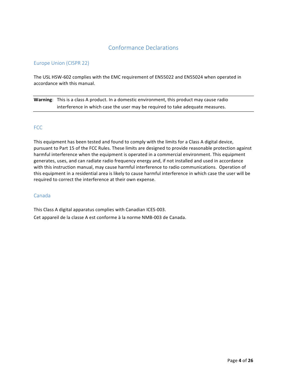 Conformance declarations | USL HSW-602 User Manual | Page 4 / 26