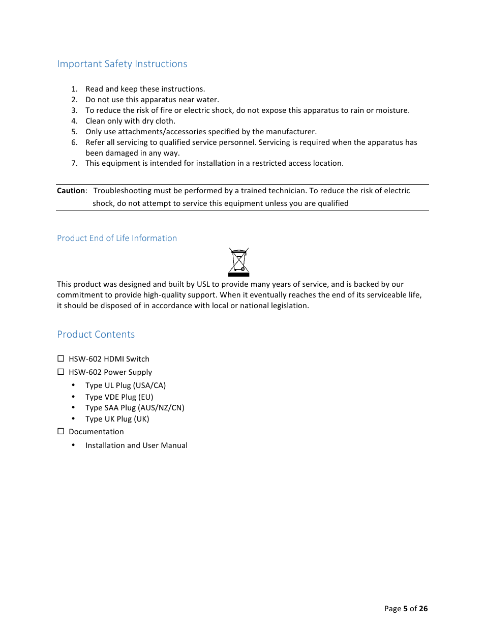 Important safety instructions, Product contents | USL HSW-602 User Manual | Page 5 / 26