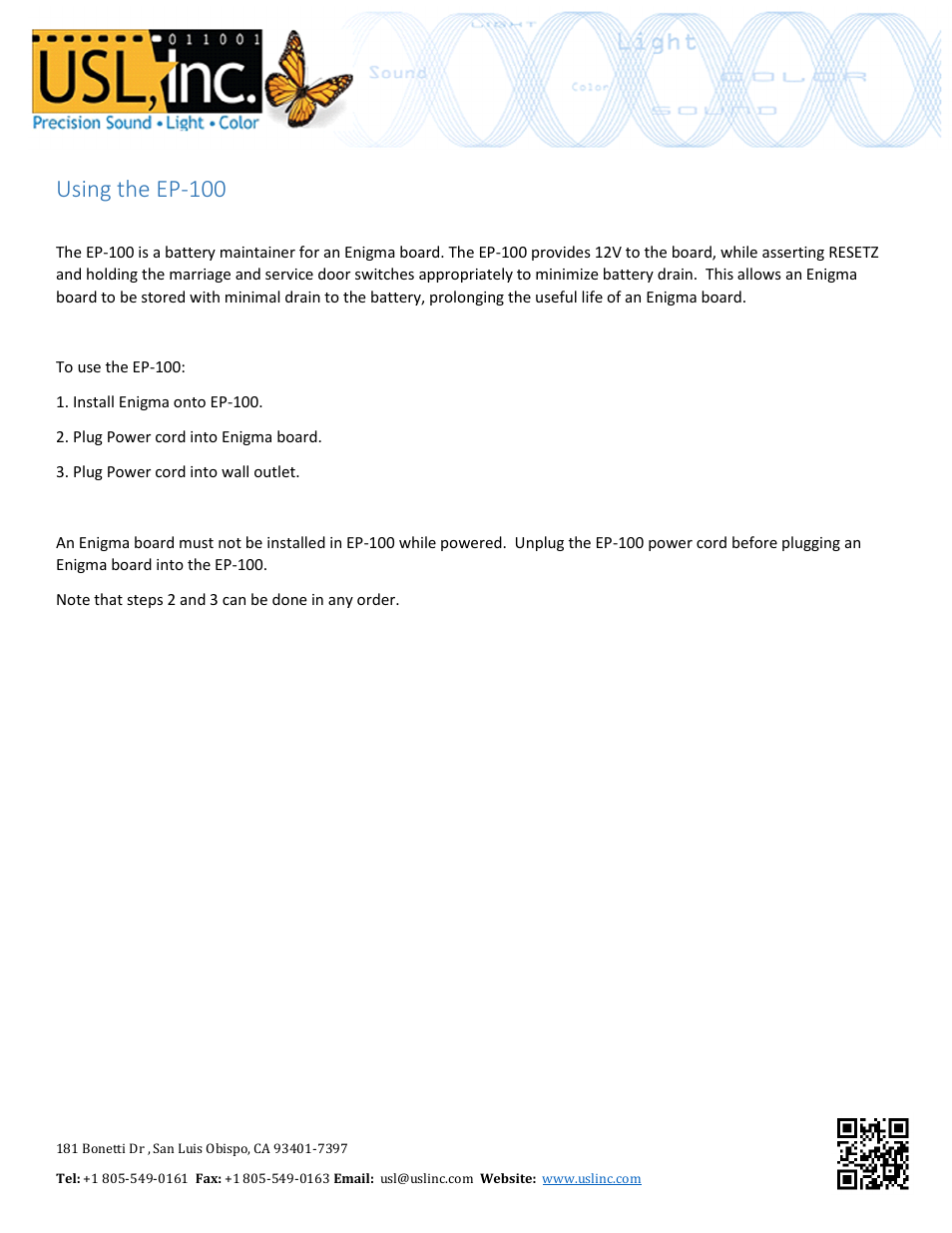 USL EP-100 User Manual | 1 page