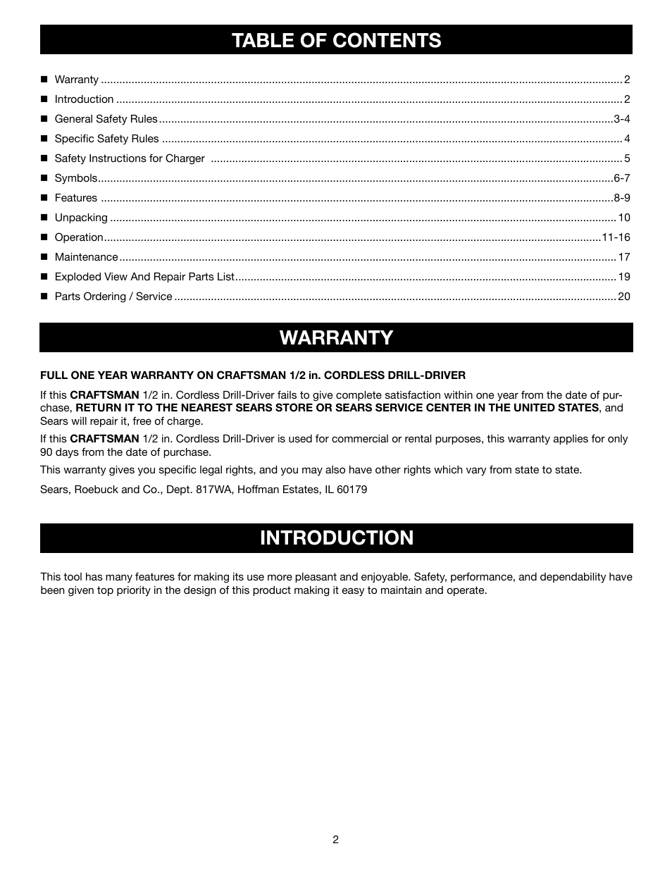 Table of contents warranty, Introduction | Craftsman 315.11485 User Manual | Page 2 / 8