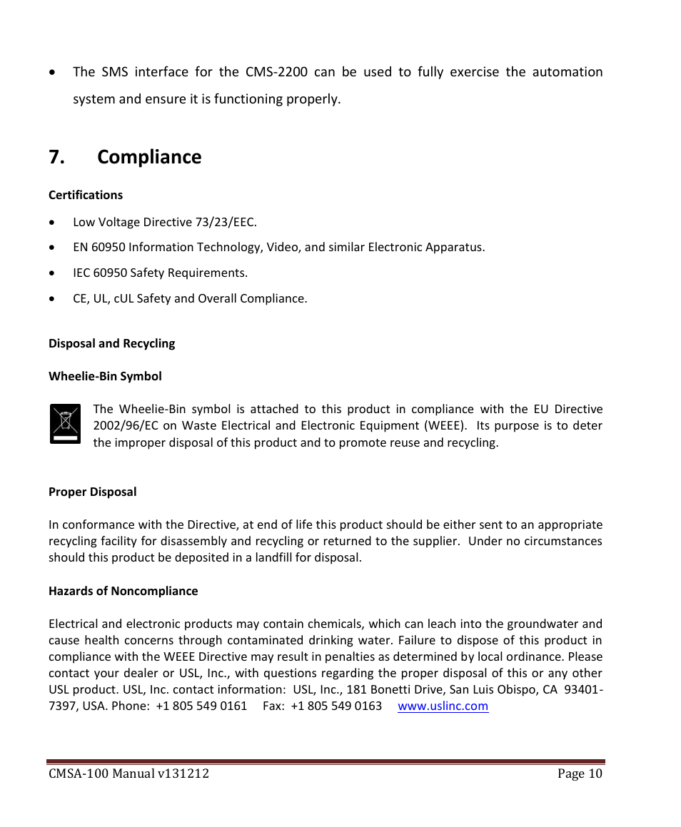 Compliance | USL CMSA-100 User Manual | Page 10 / 12