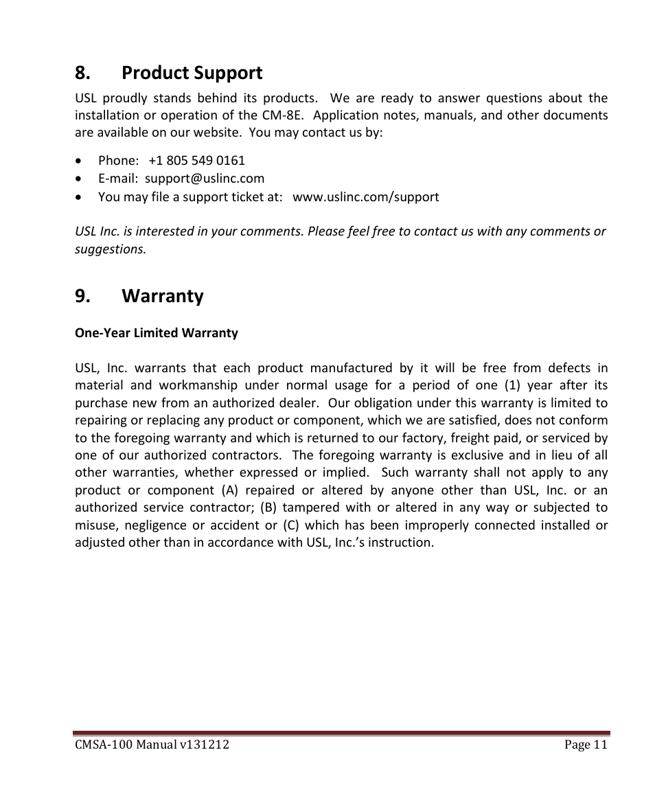 Product support, Warranty | USL CMSA-100 User Manual | Page 11 / 12