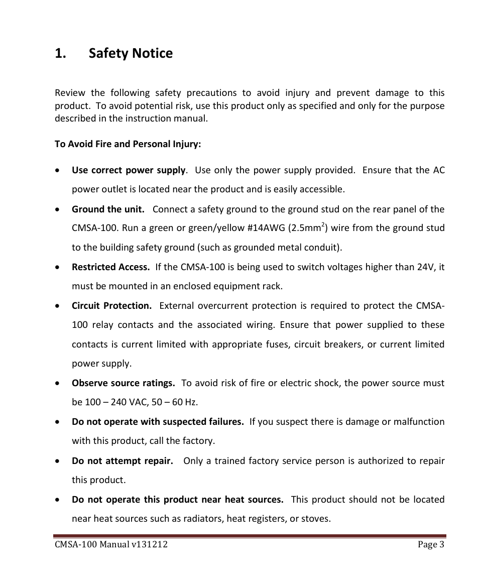 Safety notice | USL CMSA-100 User Manual | Page 3 / 12