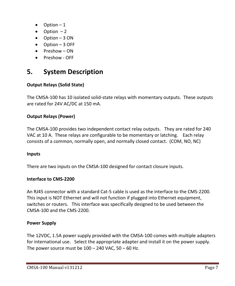 Description and specifications, System description | USL CMSA-100 User Manual | Page 7 / 12