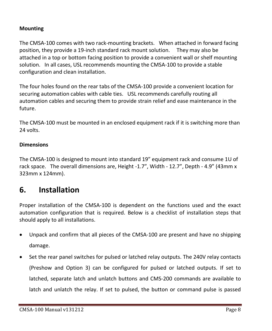 Installation | USL CMSA-100 User Manual | Page 8 / 12