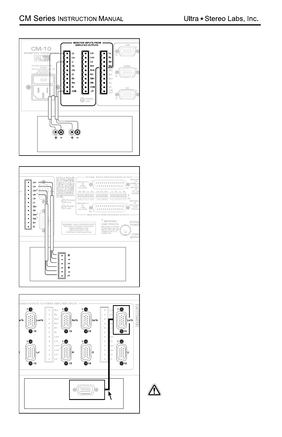 Typical cm series biamp terminal wiring, Typical cm series biamp amplifier input connection, Typical cm series biamp hd-15 connection | USL CM-10 User Manual | Page 12 / 17