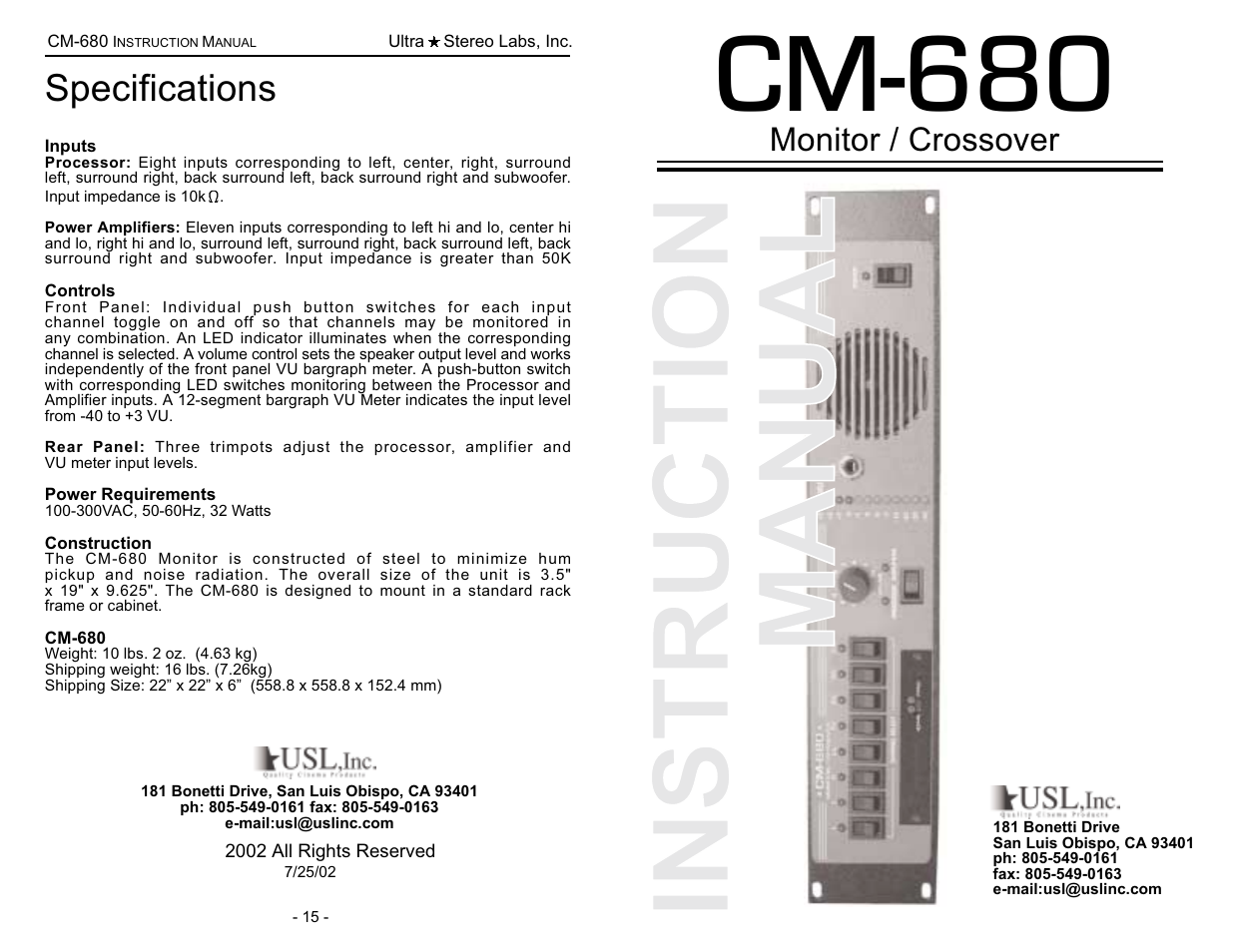 Cm-680, Instruction manual, Specifications | Monitor / crossover | USL CM-680 User Manual | Page 16 / 16