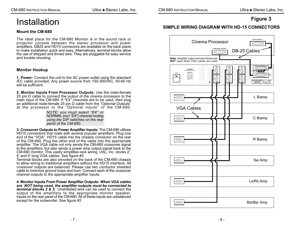 Installation, Figure 3, Simple wiring diagram with hd-15 connectors | On 1 2 3 4, Cm-680, Ultra stereo labs, inc, Mount the cm-680, Monitor hookup | USL CM-680 User Manual | Page 8 / 16