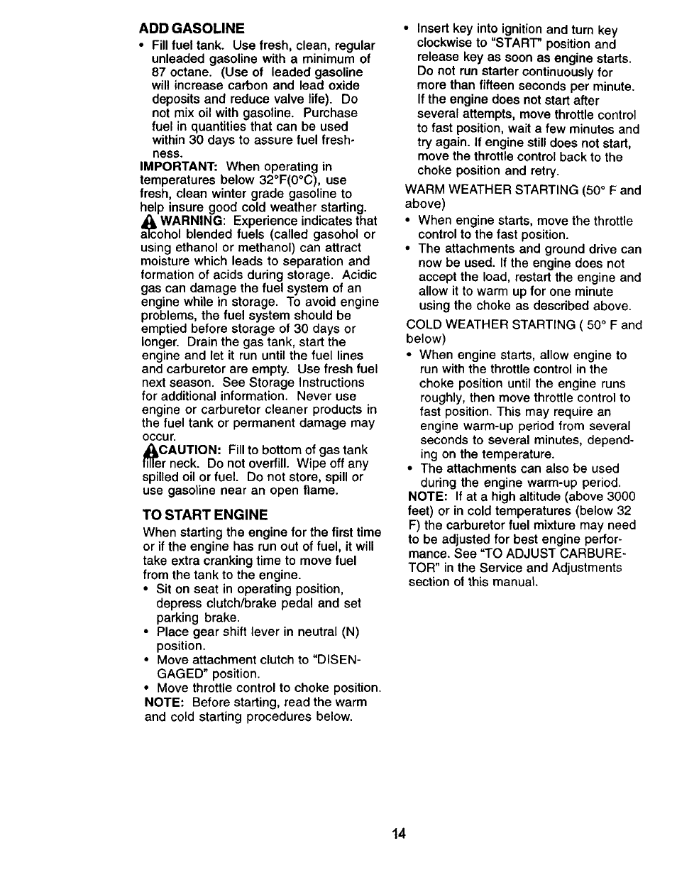 Add gasoline, To start engine | Craftsman 917.271050 User Manual | Page 14 / 60