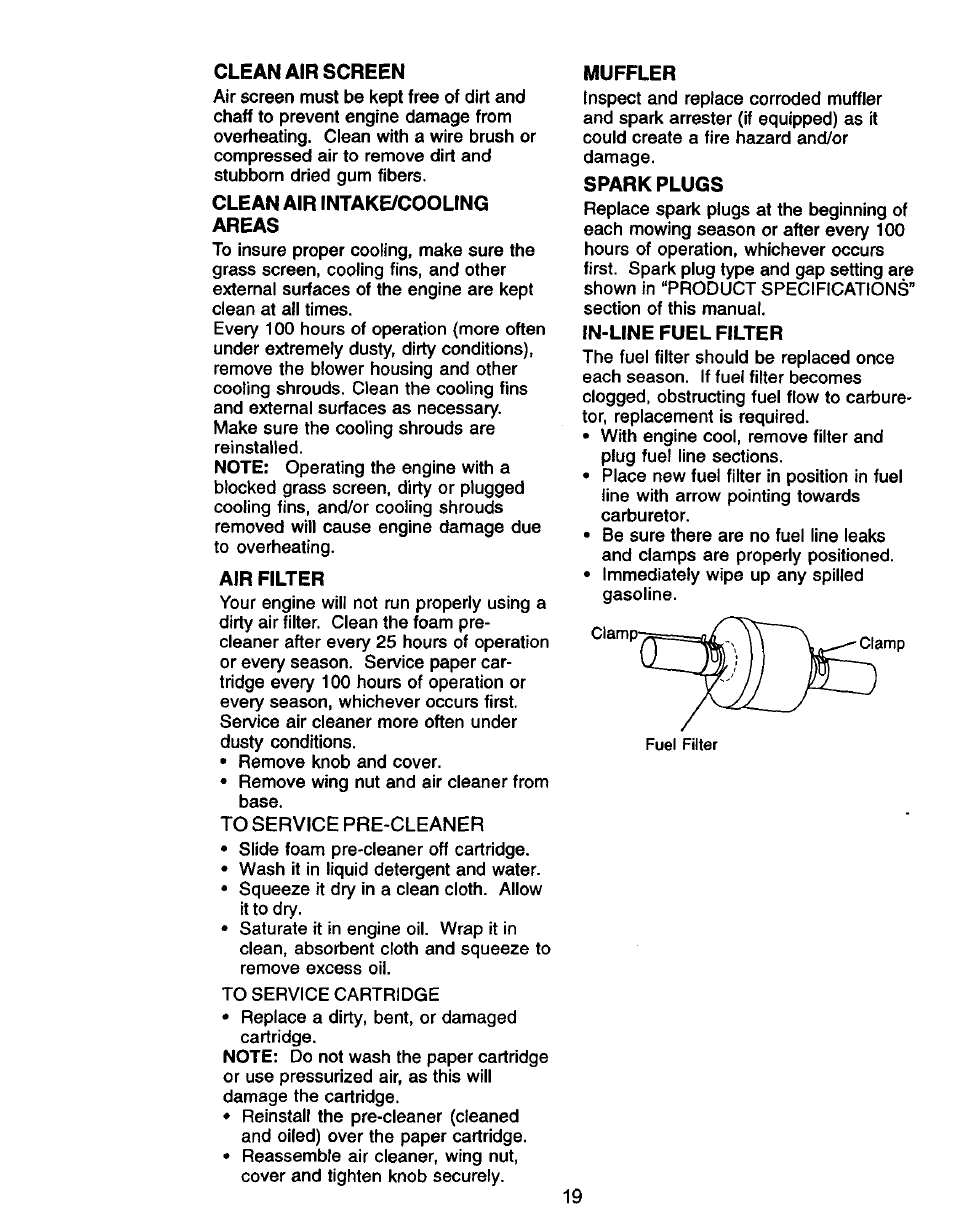 Clean air screen, Clean air intake/cooling areas, Air filter | Muffler, Spark plugs, In-line fuel filter | Craftsman 917.271050 User Manual | Page 19 / 60