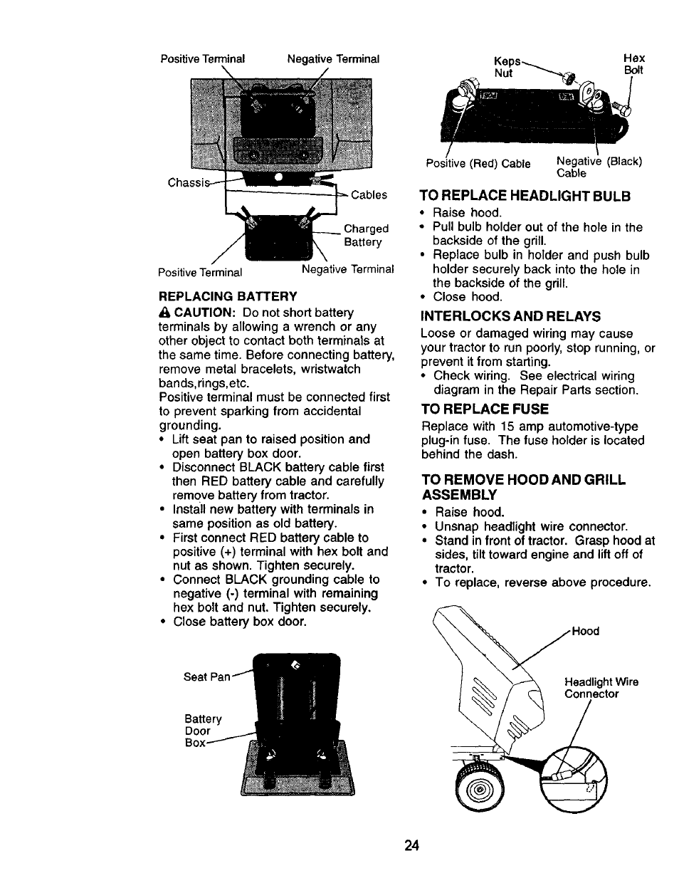 To replace headlight bulb, Interlocks and relays, To replace fuse | To remove hood and grill assembly | Craftsman 917.271050 User Manual | Page 24 / 60