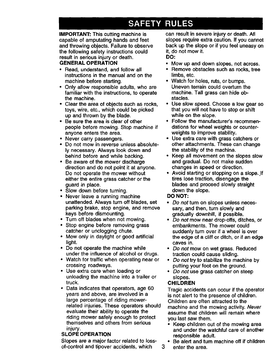 General operation, Slope operation, Safety rules | Craftsman 917.271050 User Manual | Page 3 / 60