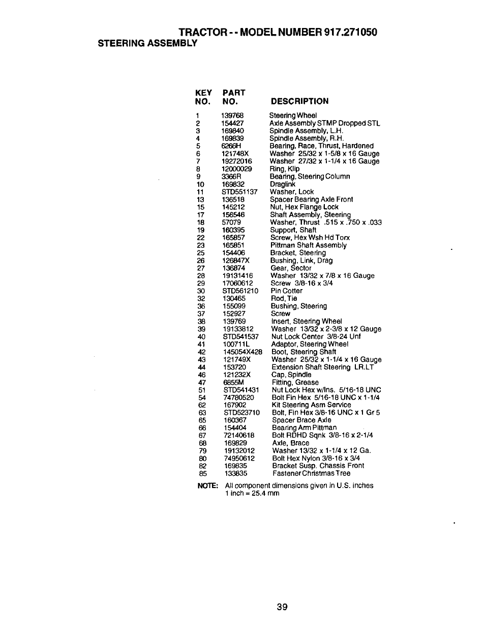 Tractor, Steering assembly, Model number 917.271050 | Craftsman 917.271050 User Manual | Page 39 / 60