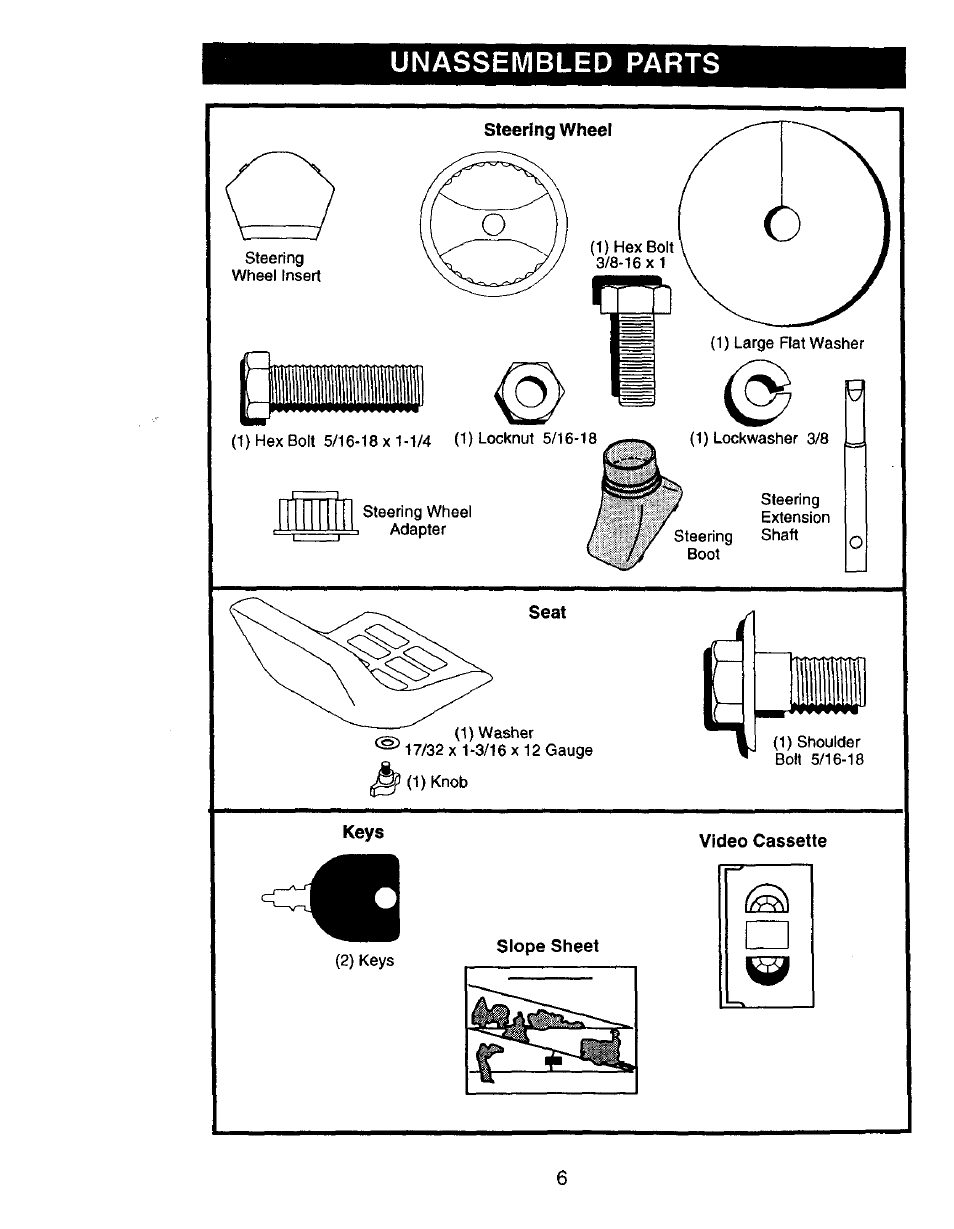 Unassembled parts, Seat, Slope sheet | Video cassette | Craftsman 917.271050 User Manual | Page 6 / 60
