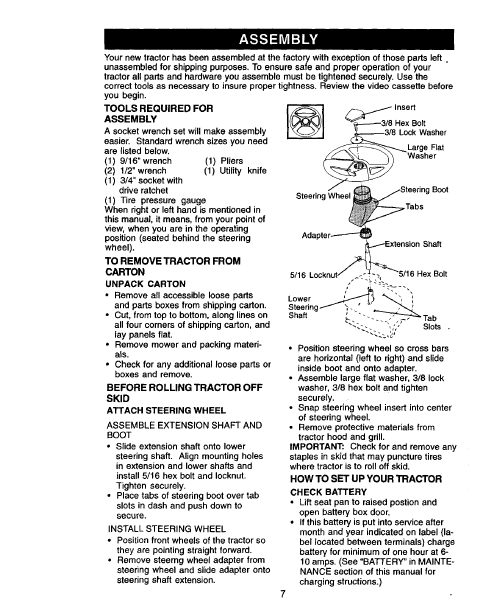 Assembly, Tools required for assembly, To remove tractor from carton | Before rolling tractor off skid, How to set up your tractor | Craftsman 917.271050 User Manual | Page 7 / 60